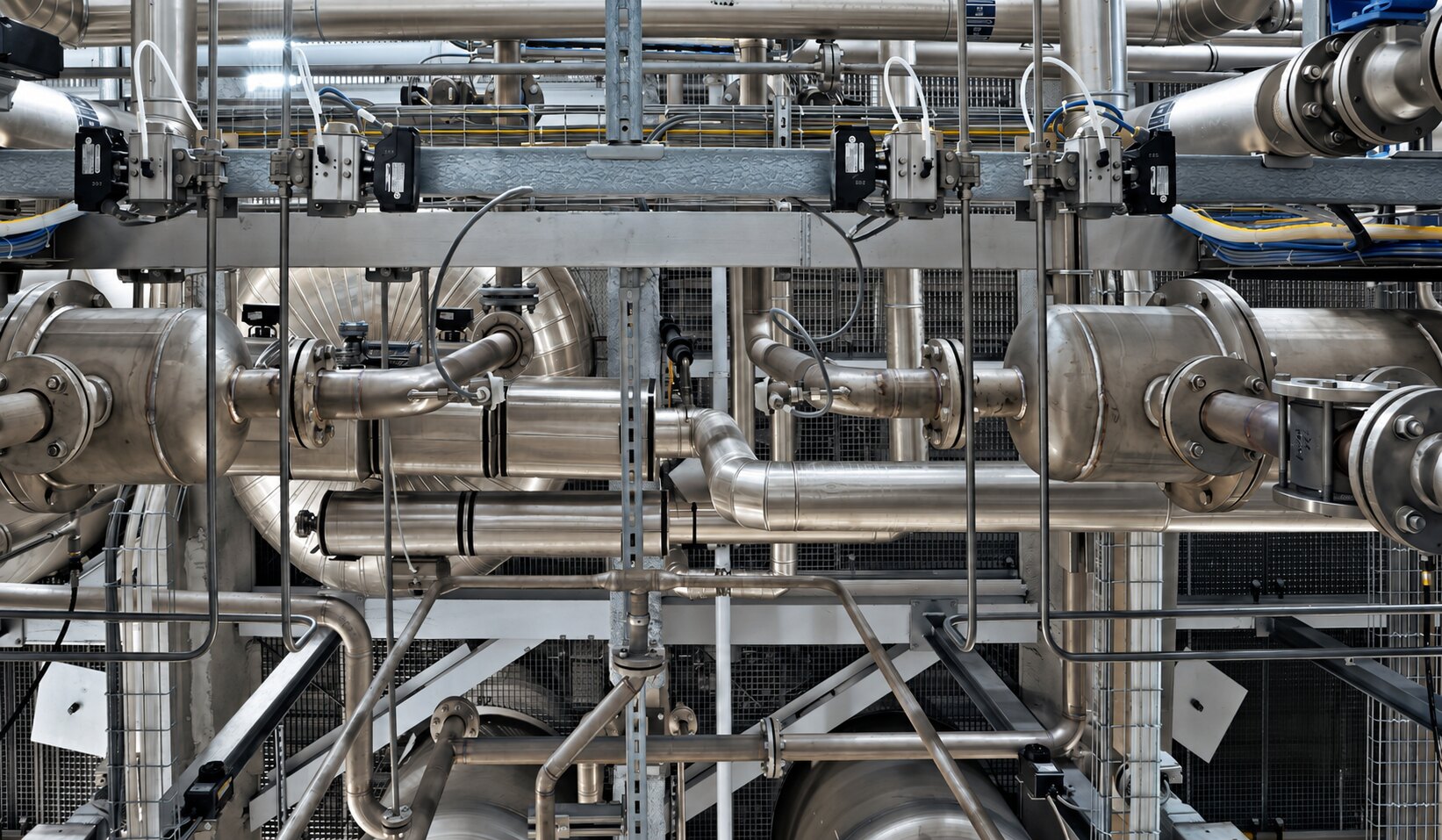 Salle des machines d’une installation industrielle : réseaux de tuyauterie inox, collecteurs verticaux et gaines de ventilation courant sous la dalle technique.