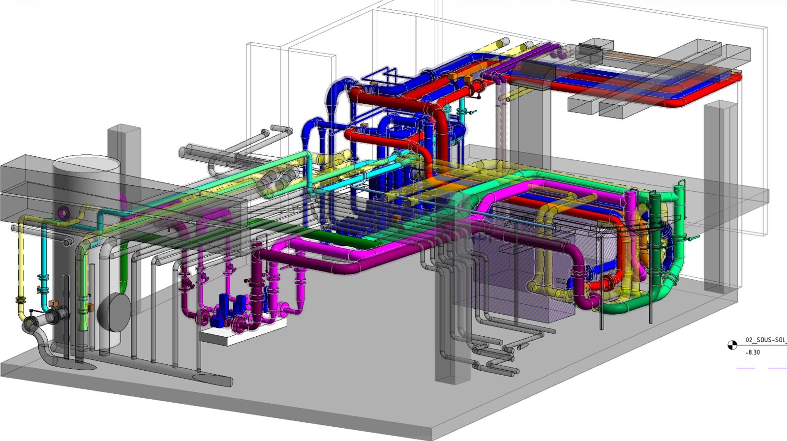 Maquette numérique de la production de froid de MyMetropole, à Lausanne : réseaux hydrauliques et de ventilation du sous-sol, chaque fluide dans sa couleur.